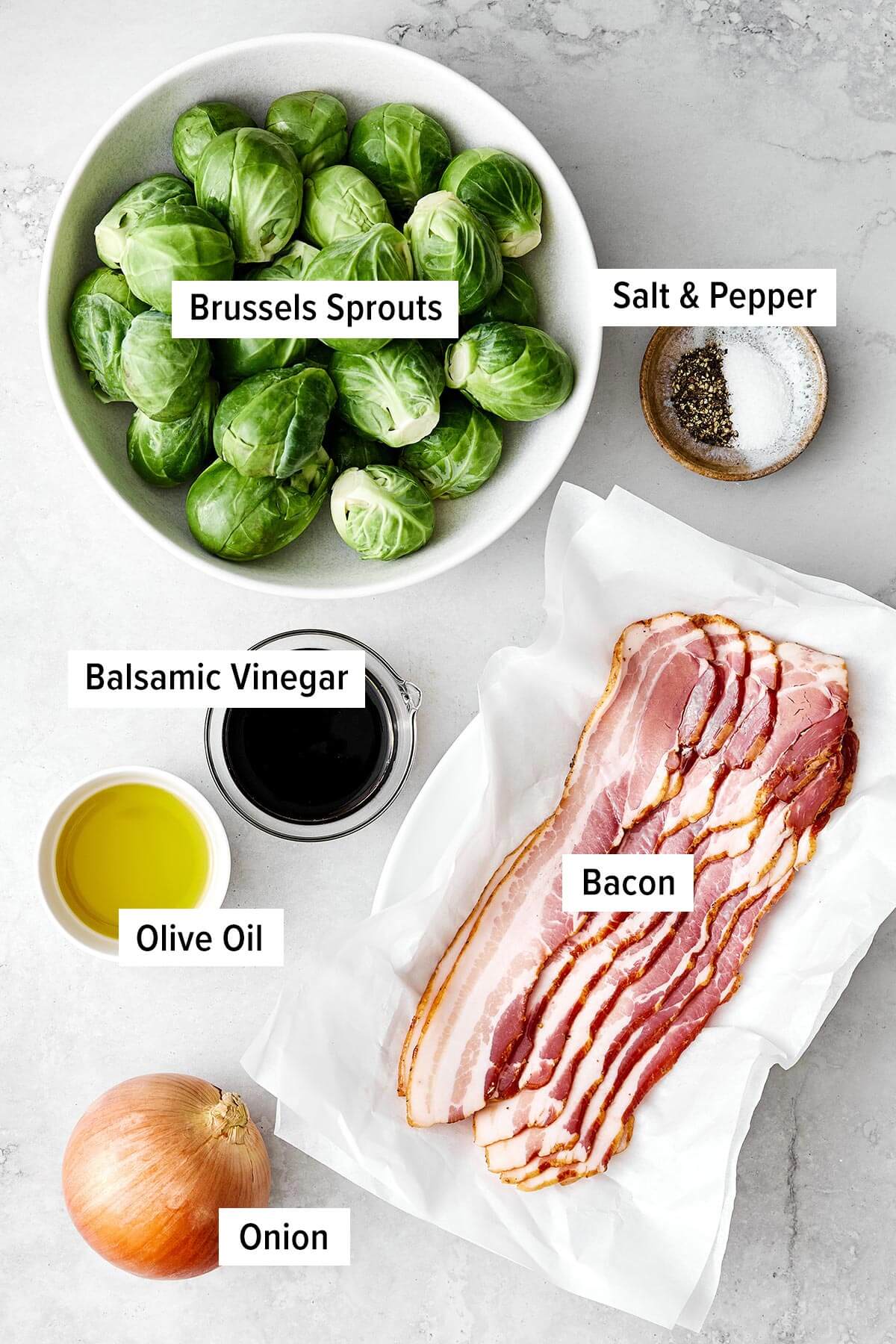 Ingredients for balsamic bacon Brussels sprouts.