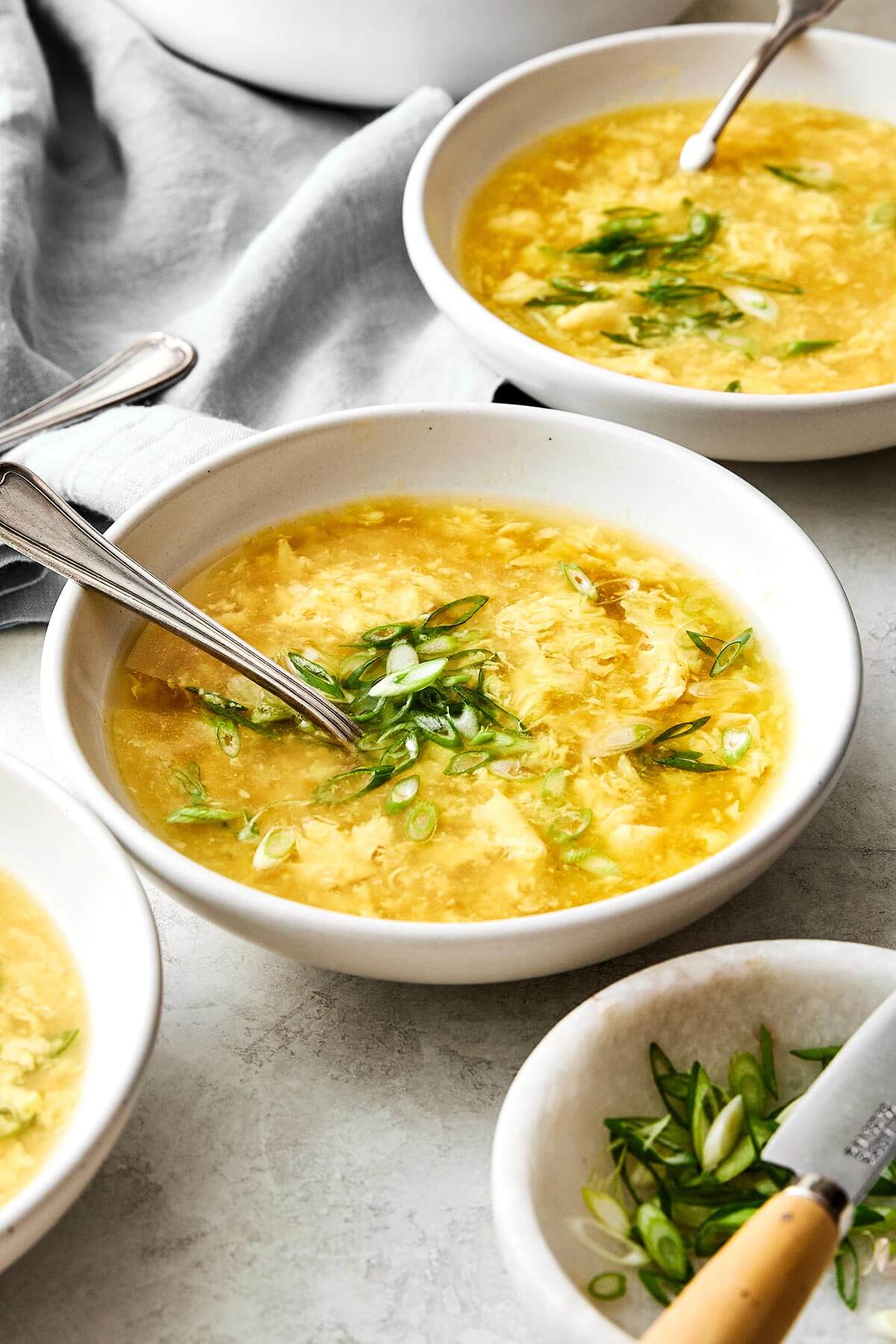 Bowls of egg drop soup.