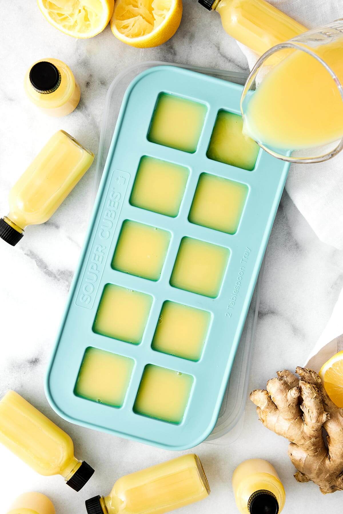 Ginger shots in an ice cube tray.