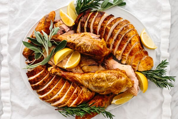 The turkey recipe carved on a platter.