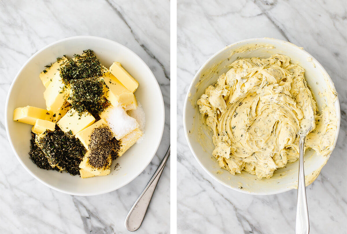 Herb butter mixture being mixed in a bowl.