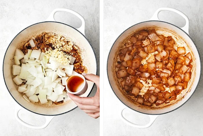 Saueting onions with sauce in a pot