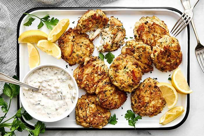 A baking dish of crab cakes.
