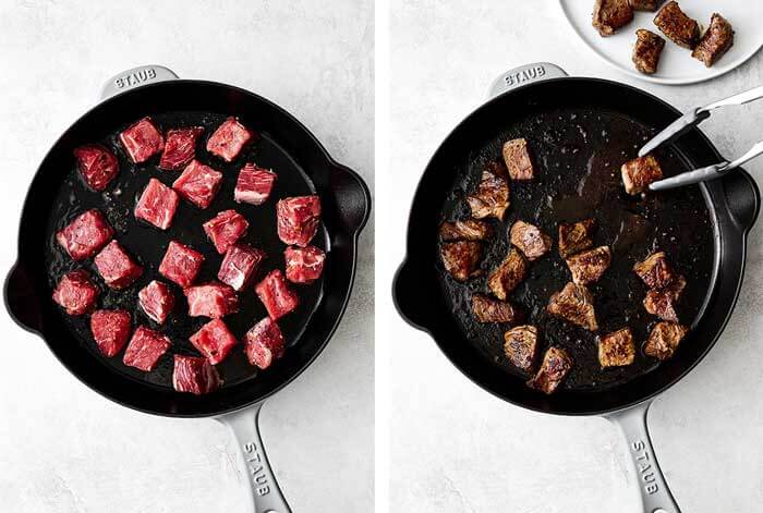 Cooking steak bites in a pan.