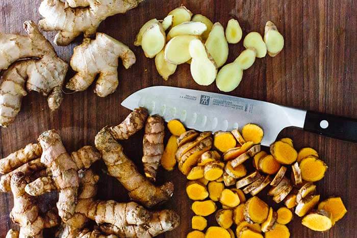 Sliced ginger and turmeric.