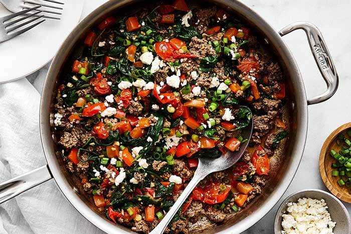Mediterranean ground beef with tomatoes and spinach.
