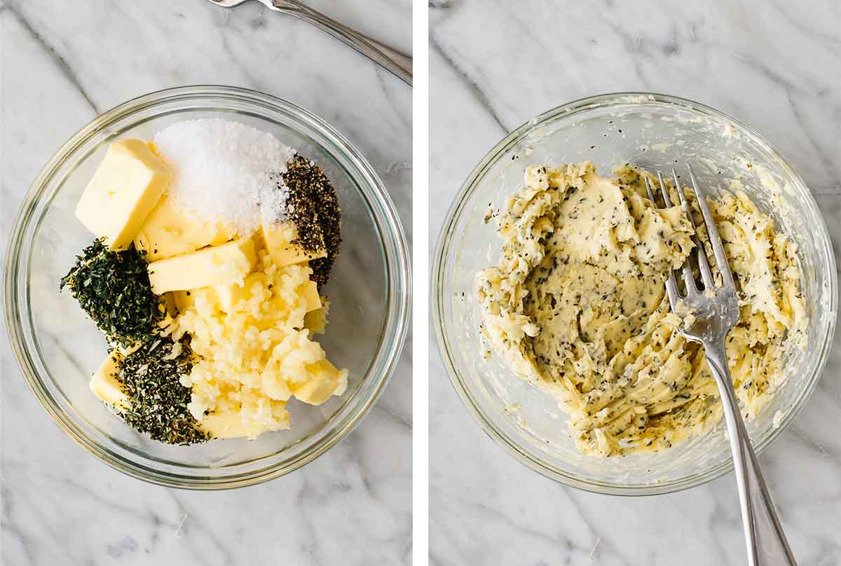 Mixing garlic herb butter in a glass bowl for prime rib.