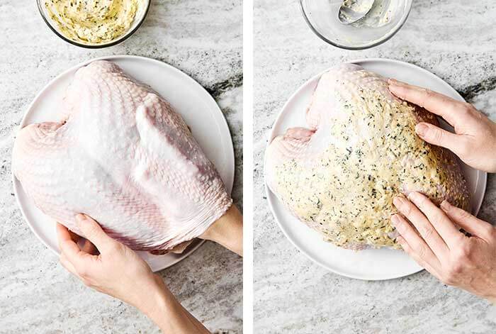 Raw turkey breast with garlic herb butter.