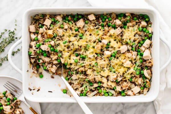 A large pan with turkey casserole on a table.