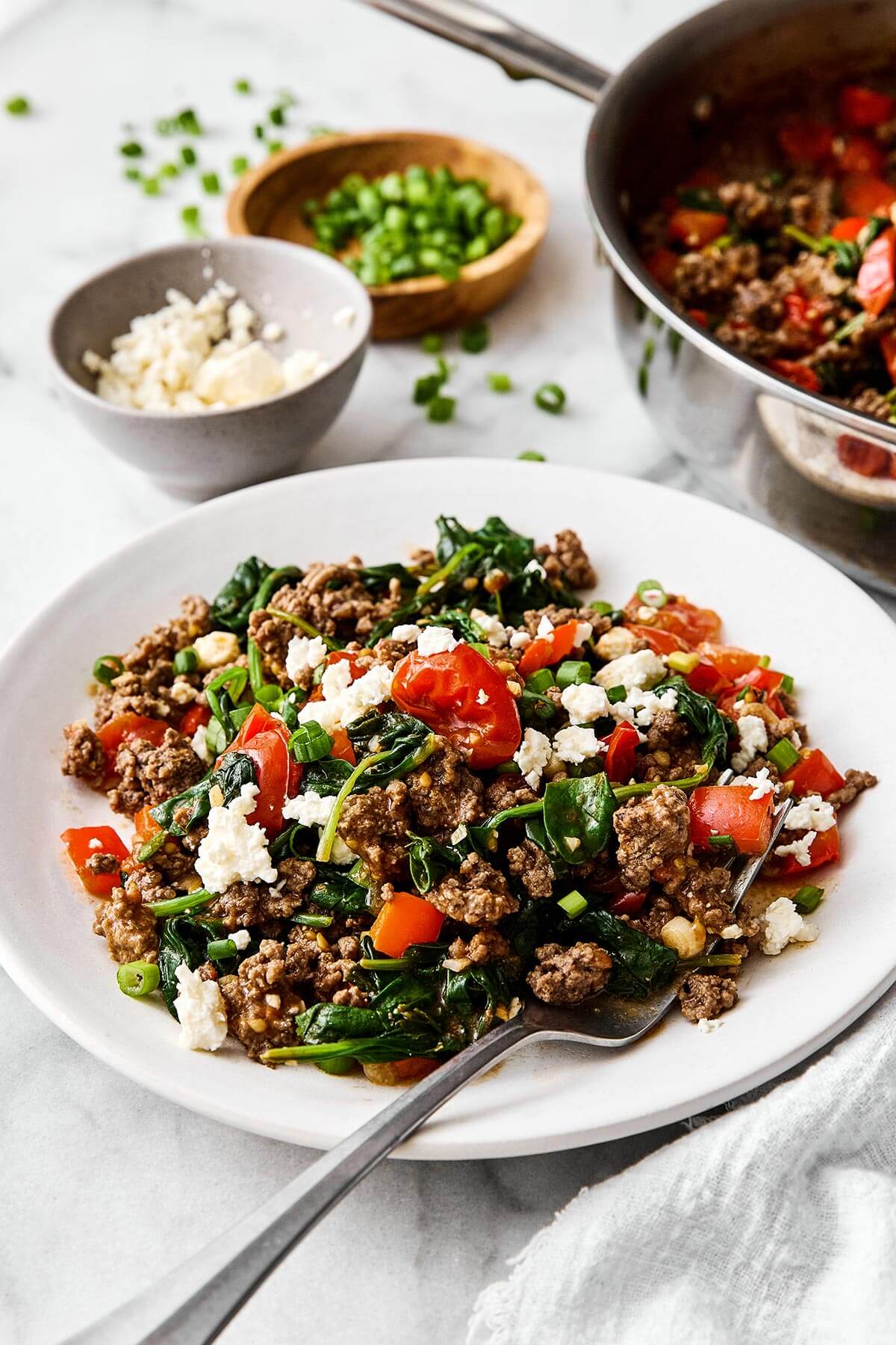 A plate of Mediterranean ground beef stir fry.