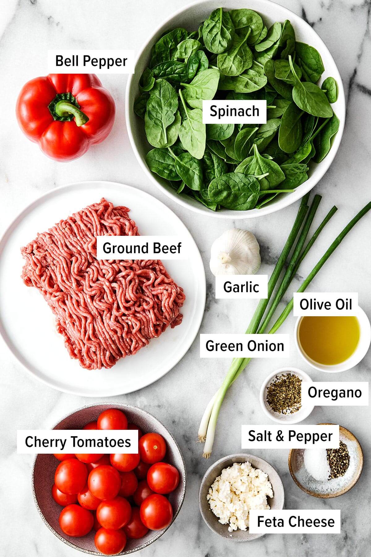 Ingredients for Mediteranean ground beef stir fry.