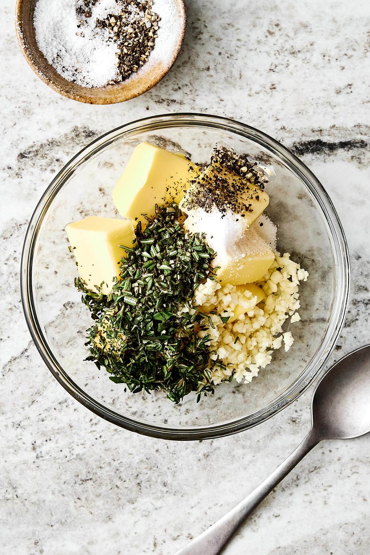 Garlic herb butter in a bowl.