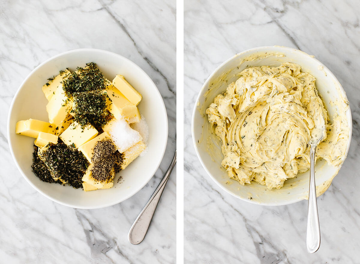 Mixing herb butter in a bowl for roasting turkey.