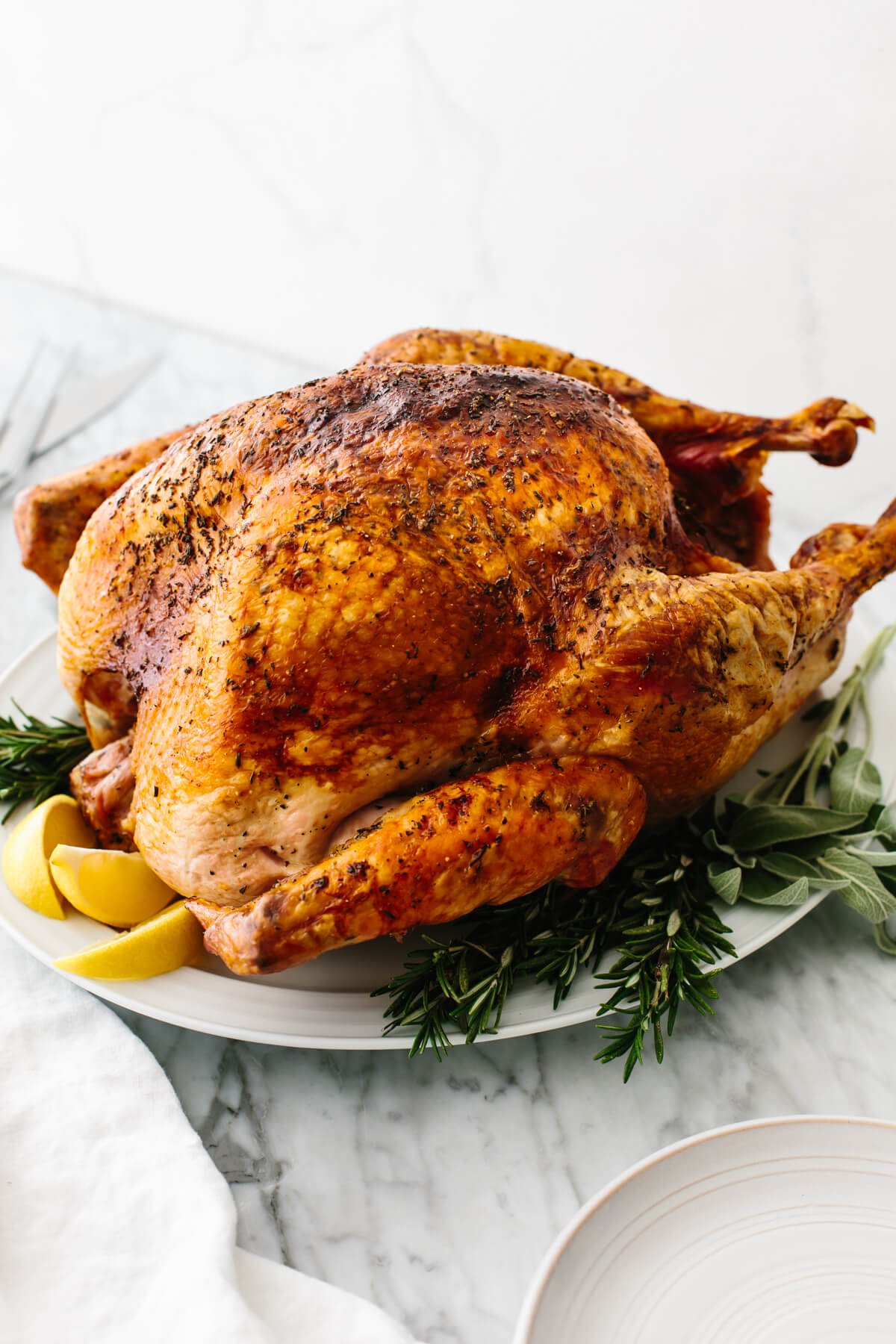 Thanksgiving turkey on a plate with lemon wedges.