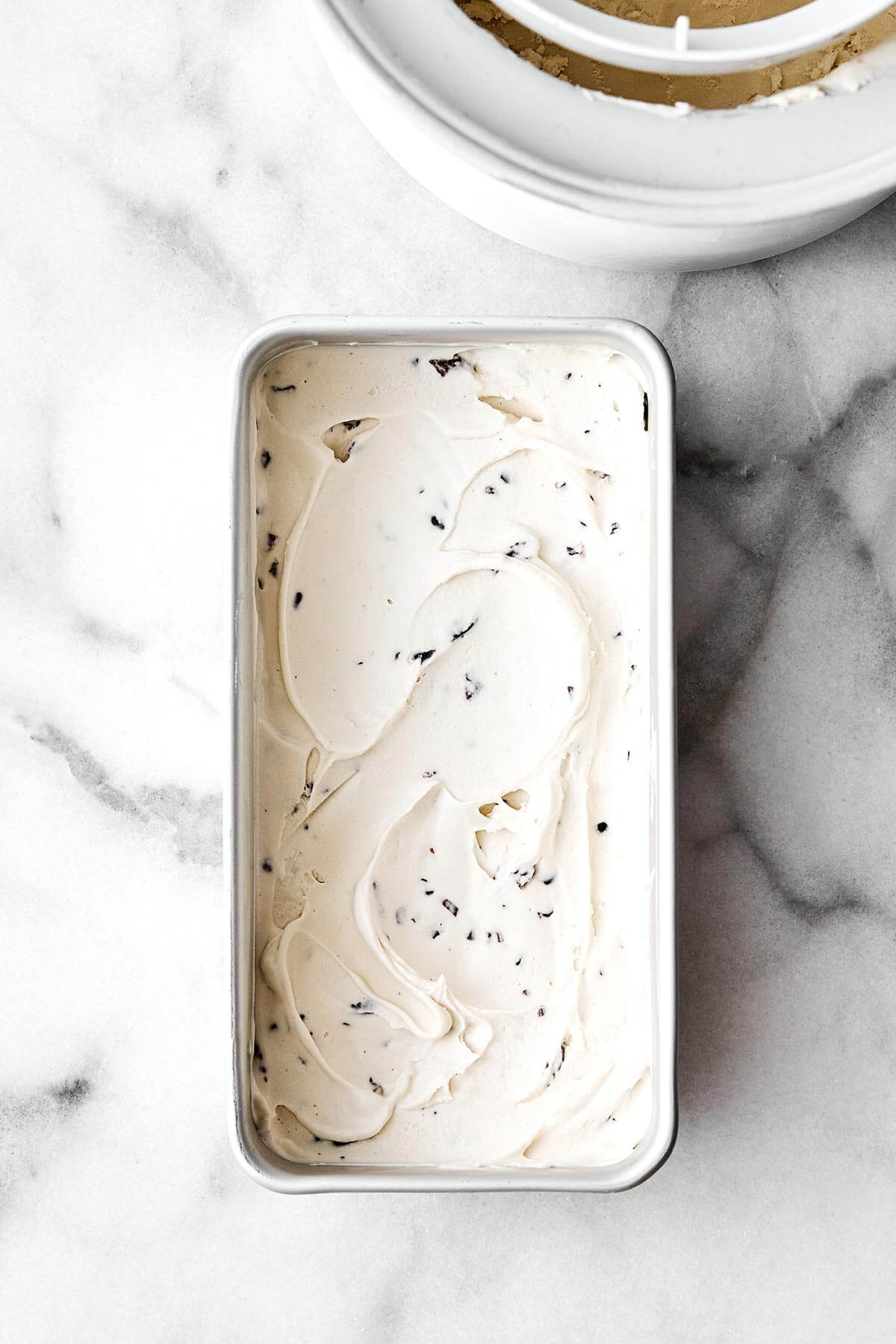 Vegan ice cream in a loaf pan.