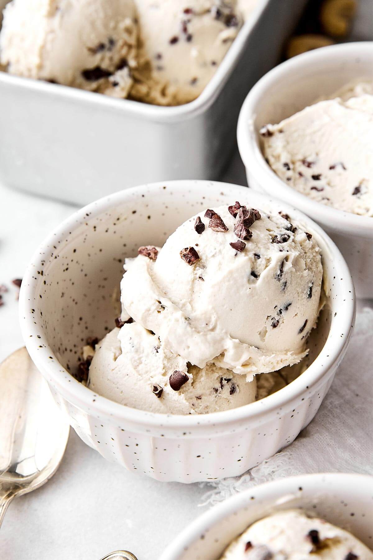 Scoops of vegan ice cream in a bowl.